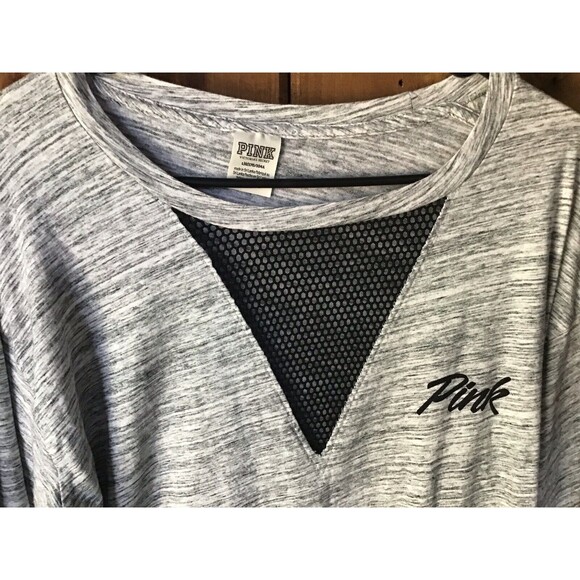 PINK Woman Top Sz L Gray Long Sleeves Mesh Inset Crew Neck Sporty Athletic - Picture 2 of 5